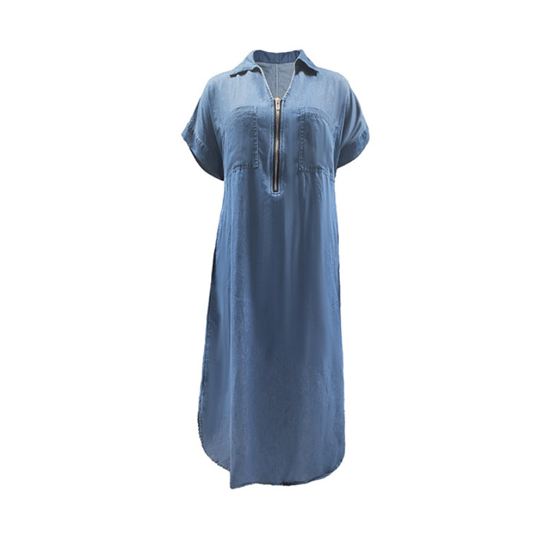 Vestido de camisa de mezclilla para damas con cremallera y bolsillos