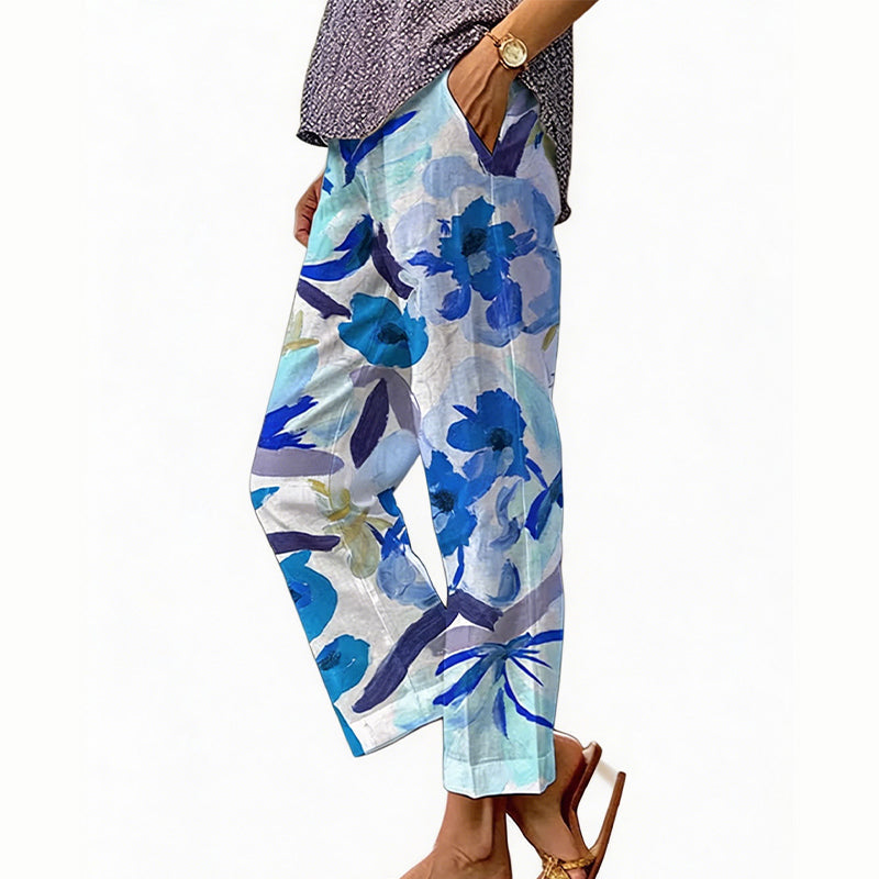 Pantalón mujer poliéster floral con cintura elástica verano casual