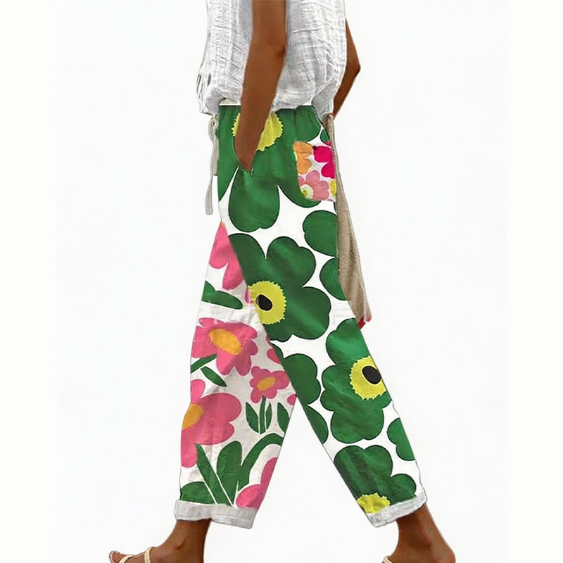 Pantalón mujer poliéster floral con cintura elástica verano casual