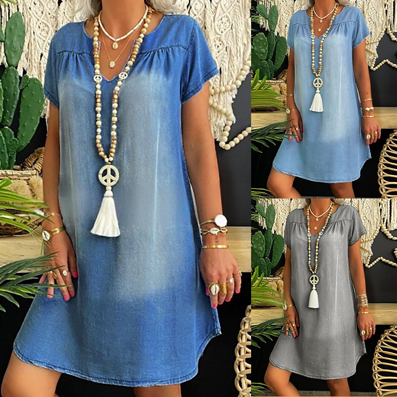Vestido de denim para mujer con escote en V y mangas cortas