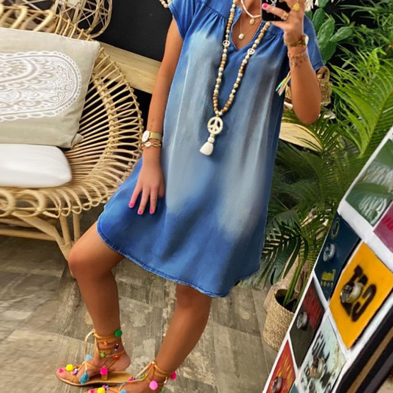 Vestido de denim para mujer con escote en V y mangas cortas
