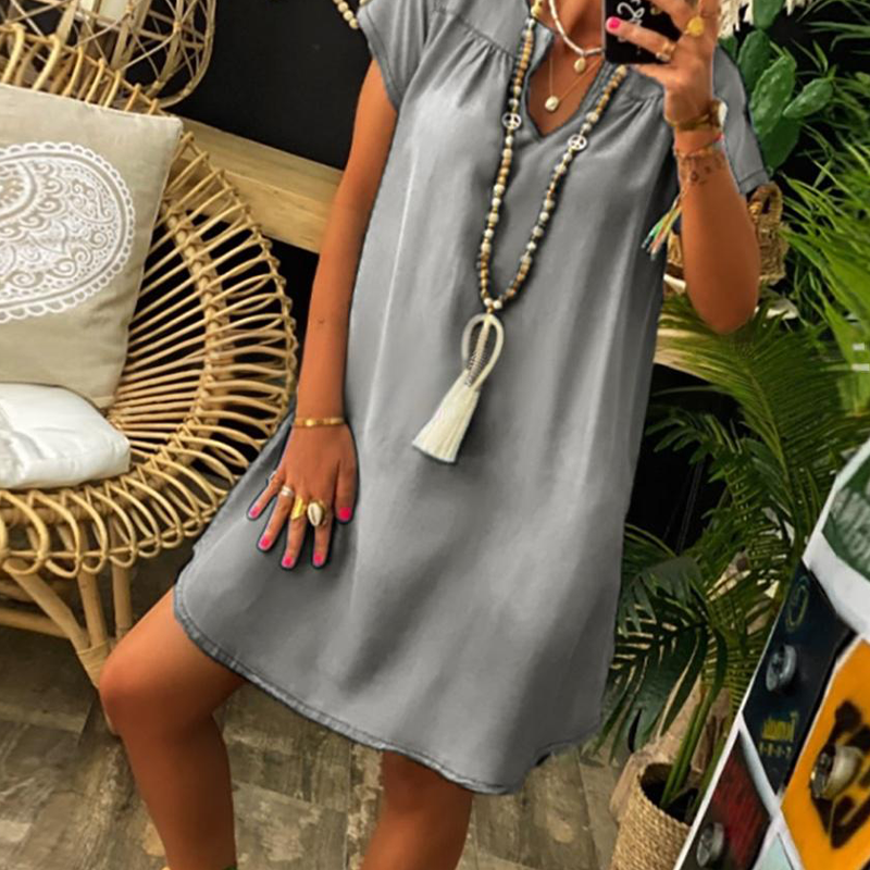 Vestido de denim para mujer con escote en V y mangas cortas