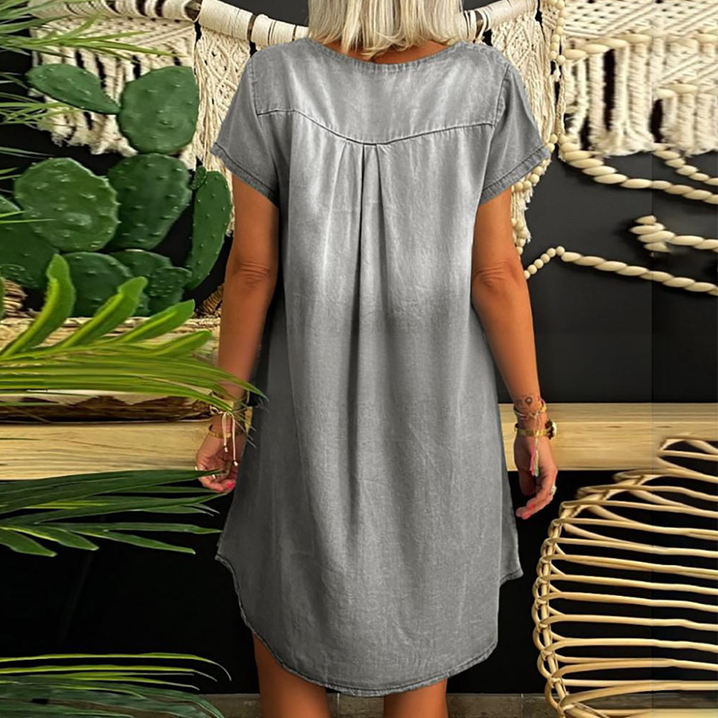 Vestido de denim para mujer con escote en V y mangas cortas