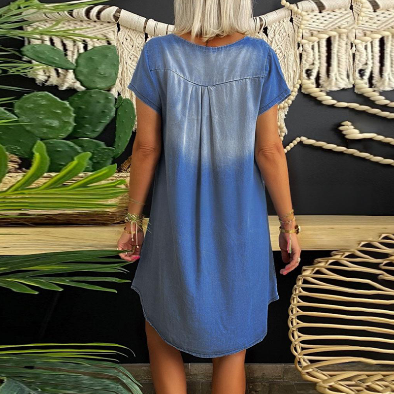 Vestido de denim para mujer con escote en V y mangas cortas