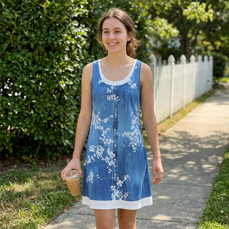 Vestido corto para mujer con efecto denim sin mangas