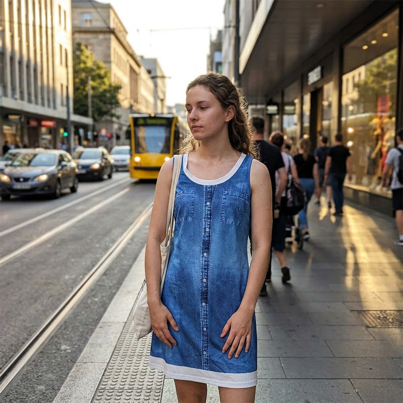 Vestido corto para mujer con efecto denim sin mangas