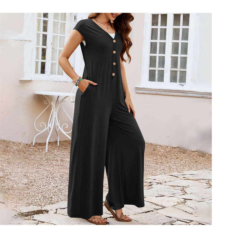 Mono de mujer con cuello en V, botones y pernera ancha
