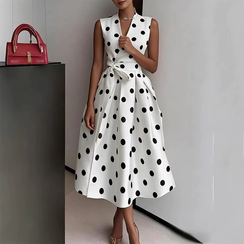 Vestido midi para mujer con lunares y cinturón ajustable