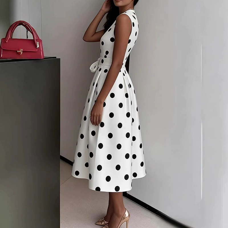 Vestido midi para mujer con lunares y cinturón ajustable