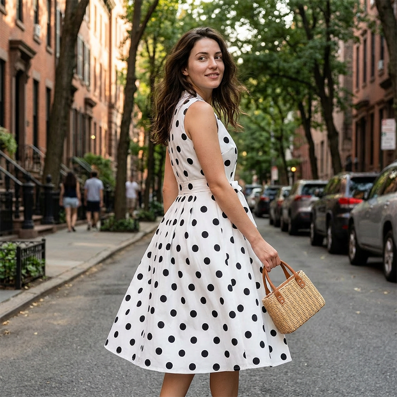 Vestido midi para mujer con lunares y cinturón ajustable