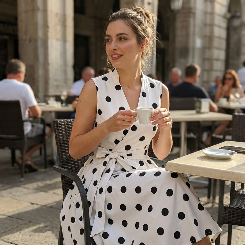 Vestido midi para mujer con lunares y cinturón ajustable