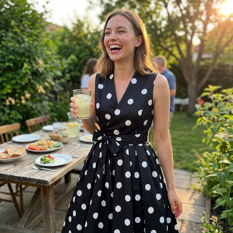 Vestido midi para mujer con lunares y cinturón ajustable