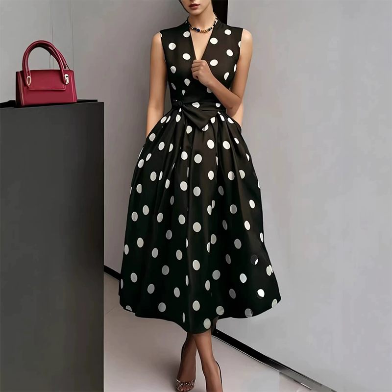 Vestido midi para mujer con lunares y cinturón ajustable