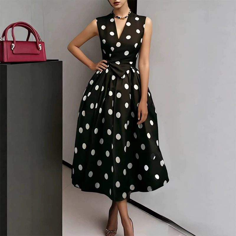 Vestido midi para mujer con lunares y cinturón ajustable