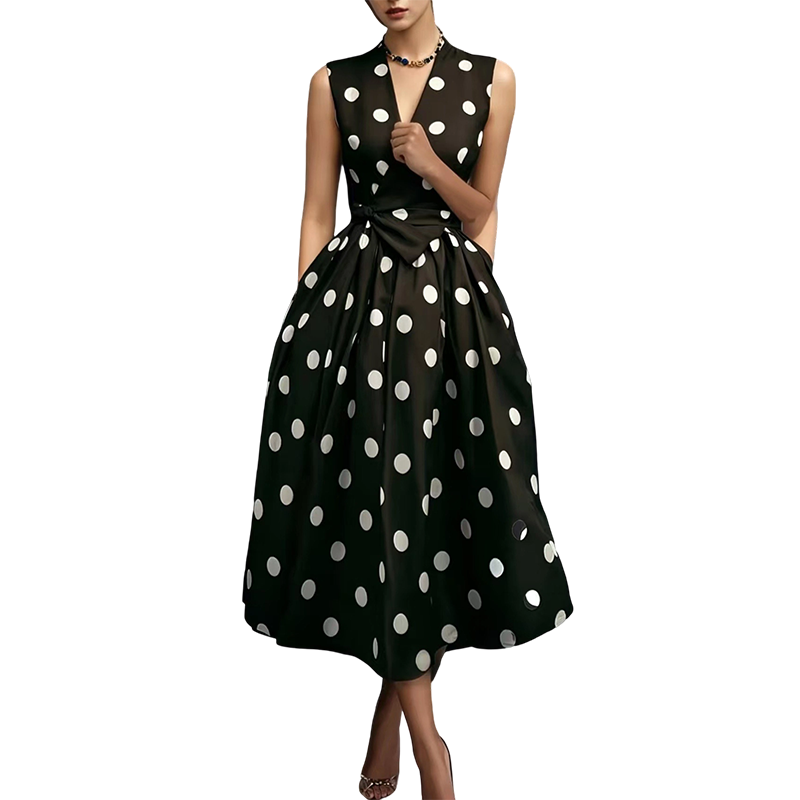 Vestido midi para mujer con lunares y cinturón ajustable