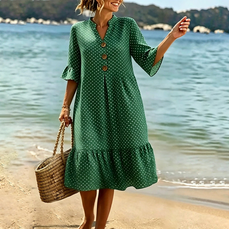 Vestido midi de mujer con estampado de lunares y mangas con volantes