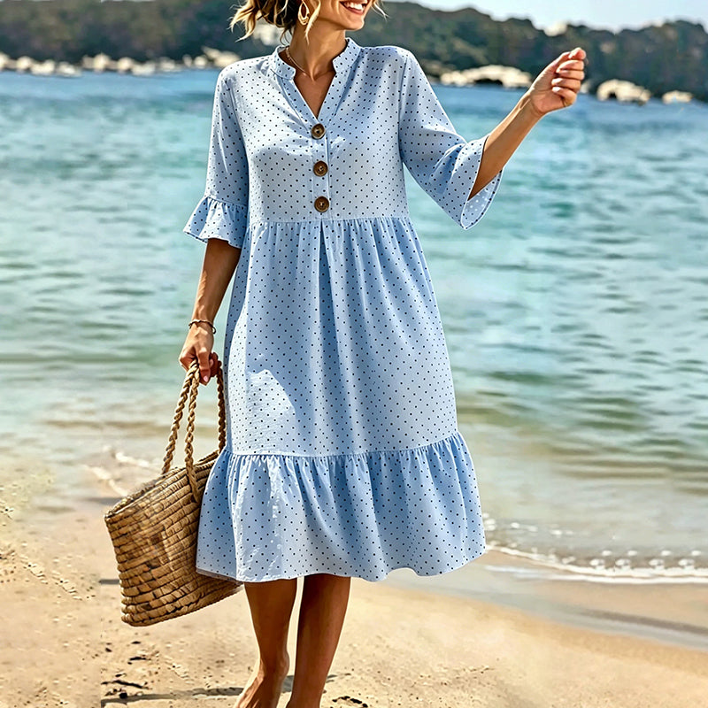 Vestido midi de mujer con estampado de lunares y mangas con volantes