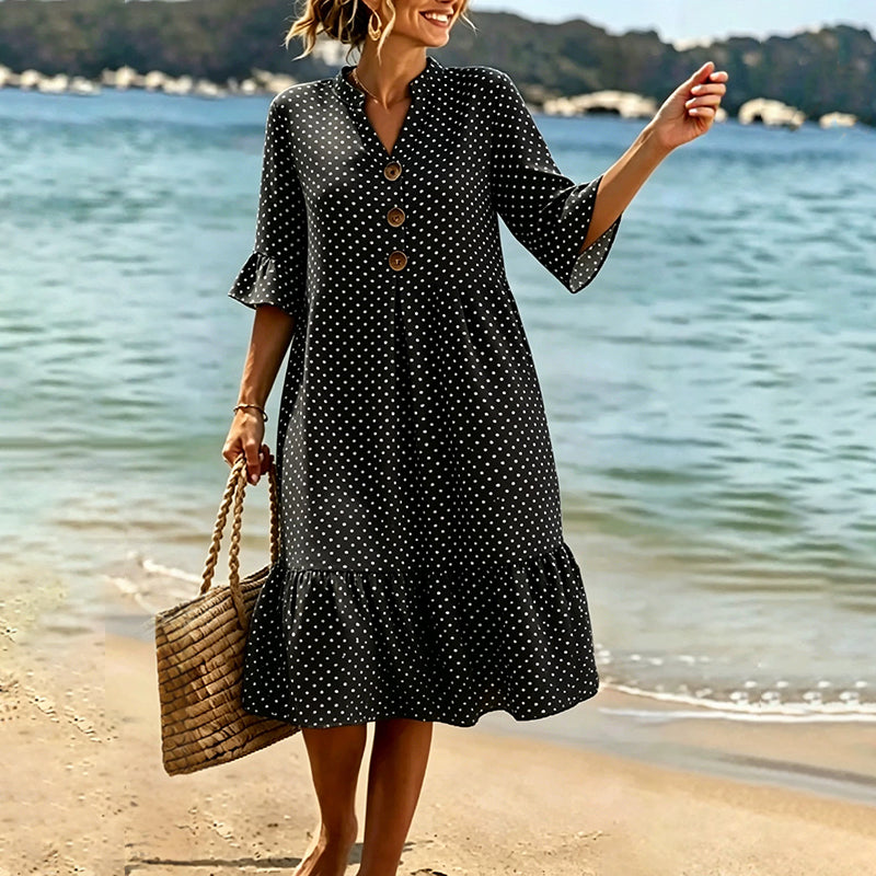 Vestido midi de mujer con estampado de lunares y mangas con volantes