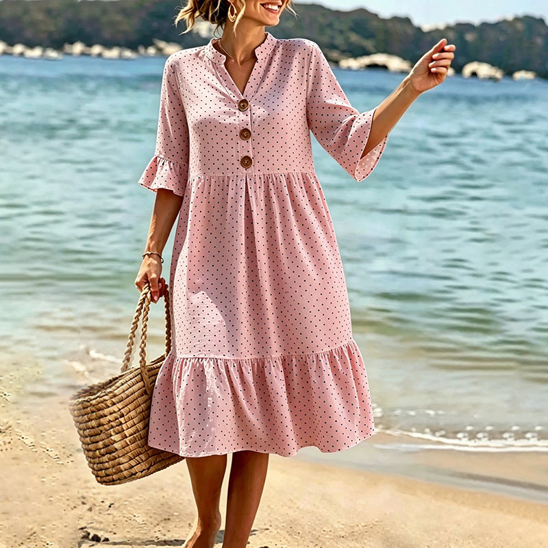 Vestido midi de mujer con estampado de lunares y mangas con volantes