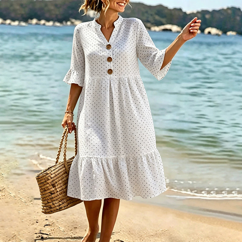 Vestido midi de mujer con estampado de lunares y mangas con volantes