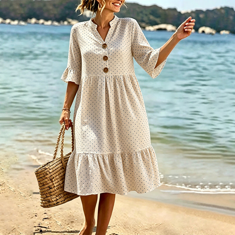 Vestido midi de mujer con estampado de lunares y mangas con volantes