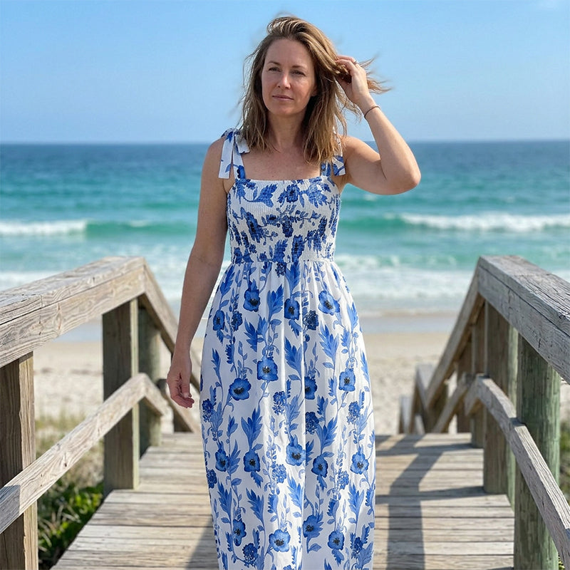 Vestido de poliéster largo fruncido floral para verano elegante