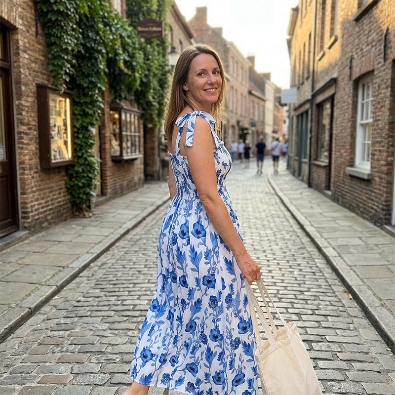 Vestido de poliéster largo fruncido floral para verano elegante