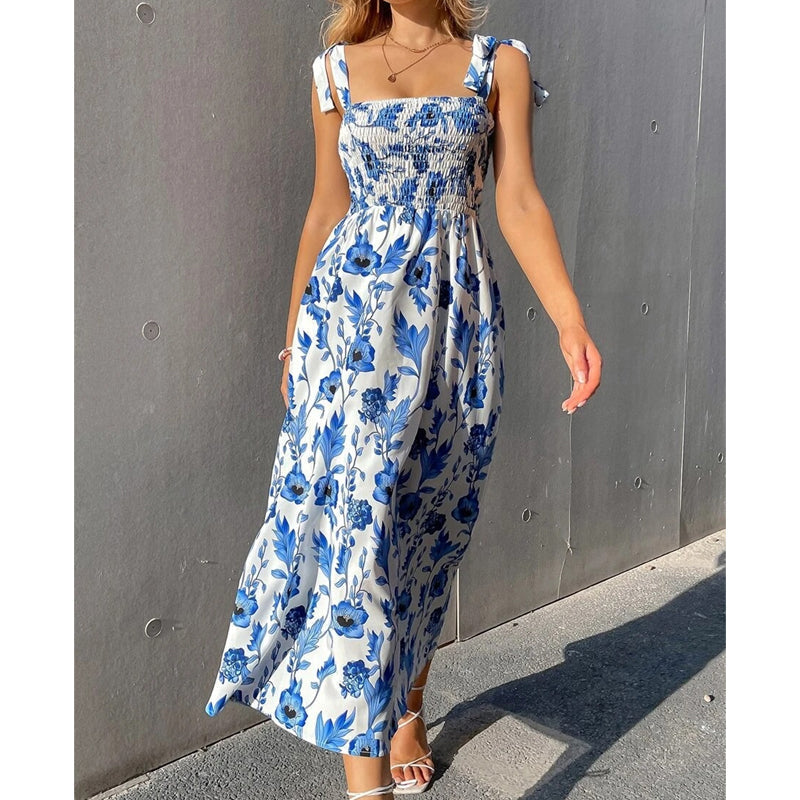 Vestido de poliéster largo fruncido floral para verano elegante