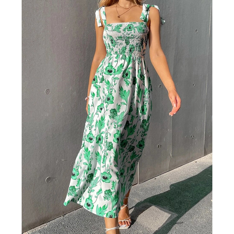 Vestido de poliéster largo fruncido floral para verano elegante