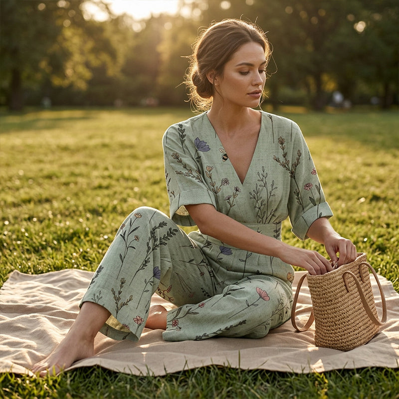 Mono mujer floral con cintura marcada y escote en V verano