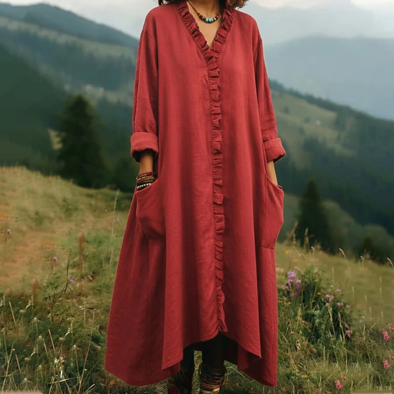 Vestido largo para mujer con cuello en V y volantes