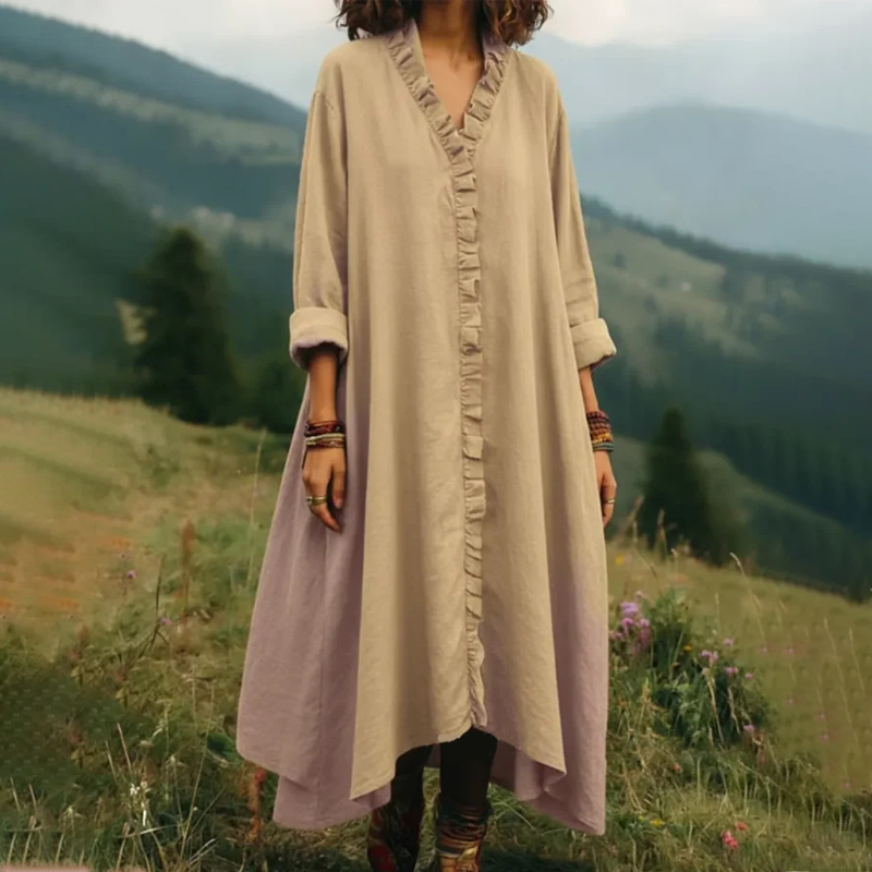Vestido largo para mujer con cuello en V y volantes