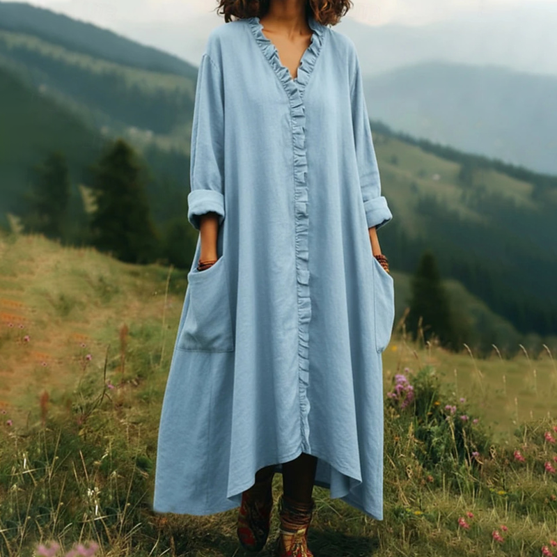 Vestido largo para mujer con cuello en V y volantes