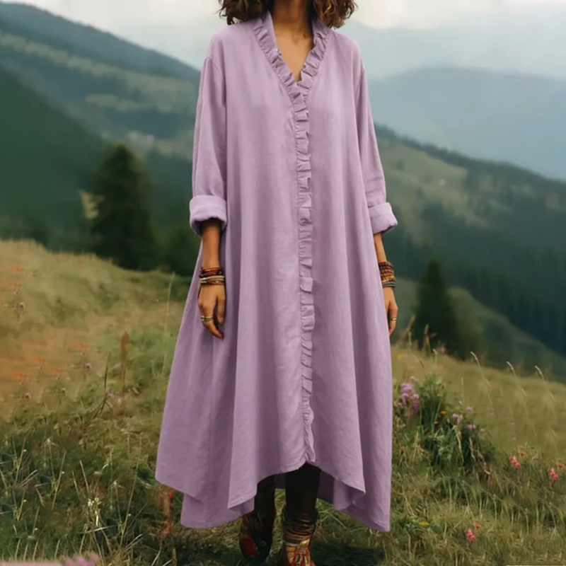Vestido largo para mujer con cuello en V y volantes