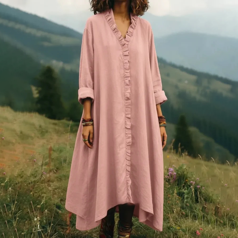Vestido largo para mujer con cuello en V y volantes