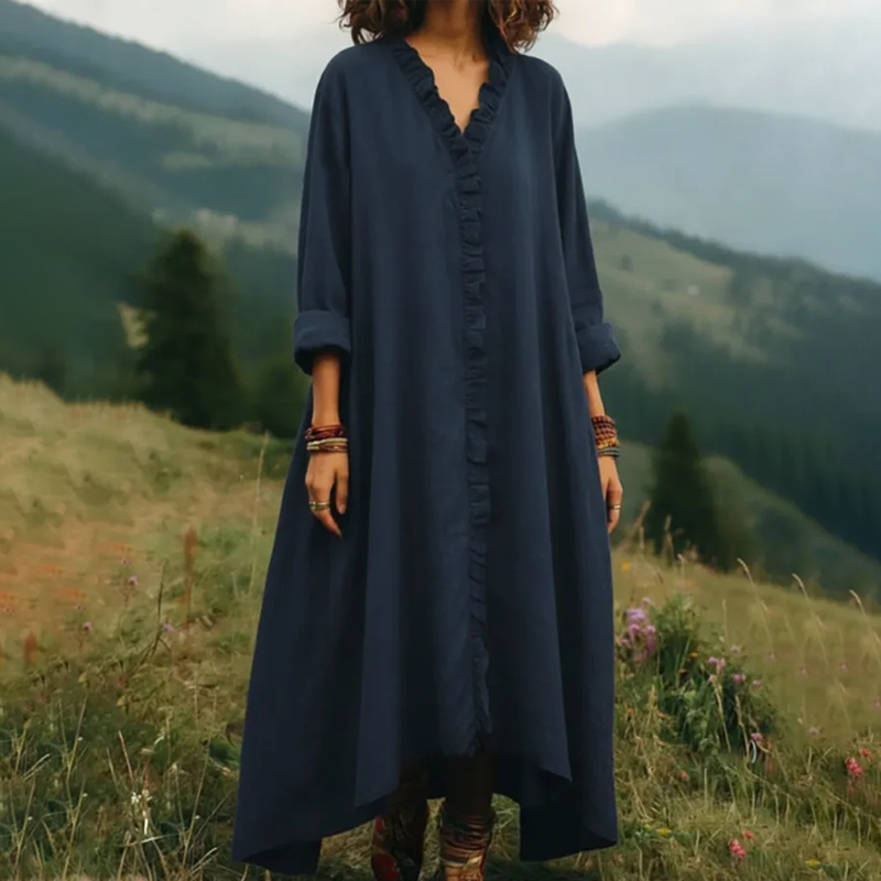 Vestido largo para mujer con cuello en V y volantes