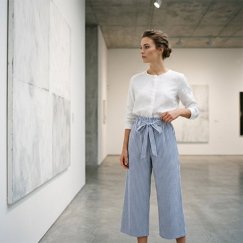 Pantalón de mujer de talle alto con rayas y pernera ancha