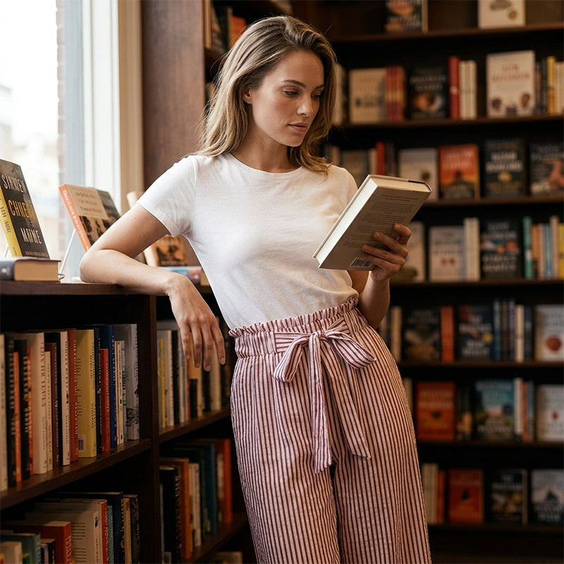 Pantalón de mujer de talle alto con rayas y pernera ancha