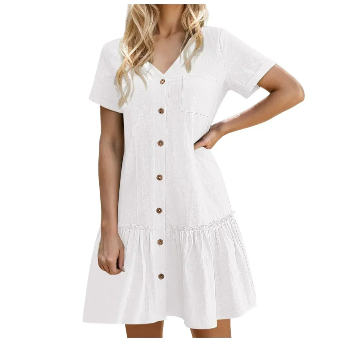 Vestido corto mujer algodón lino con botones y volante verano