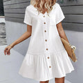 Vestido corto mujer algodón lino con botones y volante verano