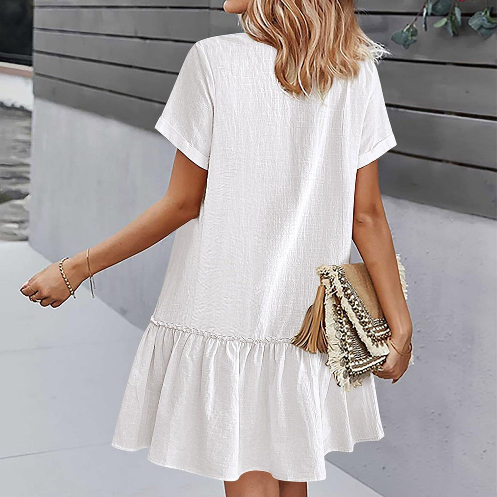 Vestido corto mujer algodón lino con botones y volante verano