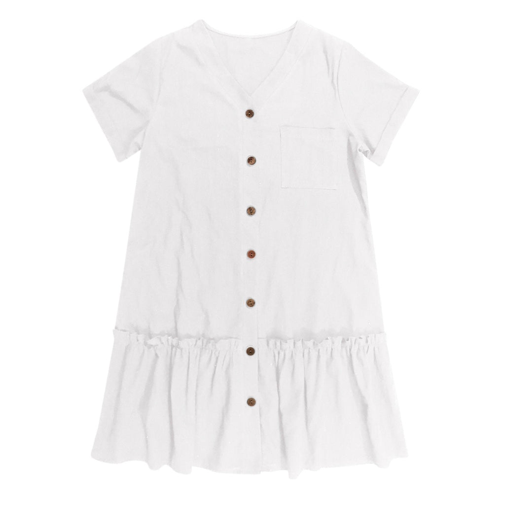 Vestido corto mujer algodón lino con botones y volante verano