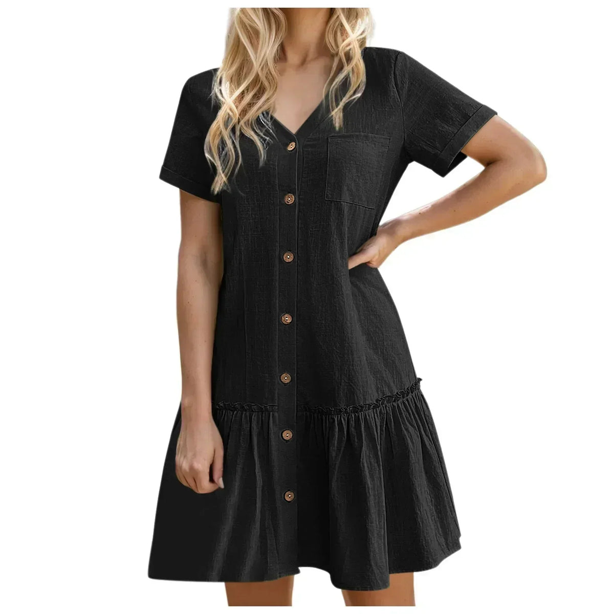 Vestido corto mujer algodón lino con botones y volante verano