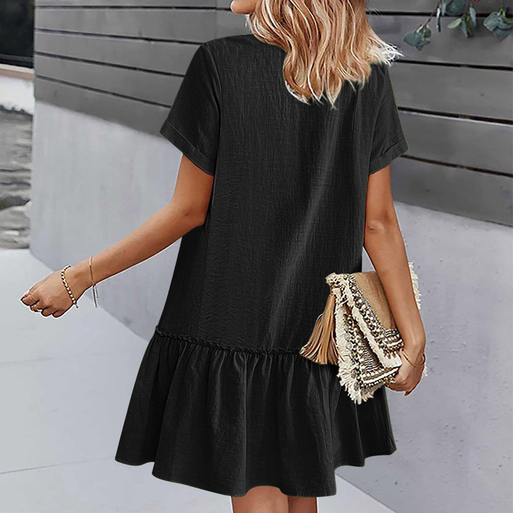 Vestido corto mujer algodón lino con botones y volante verano