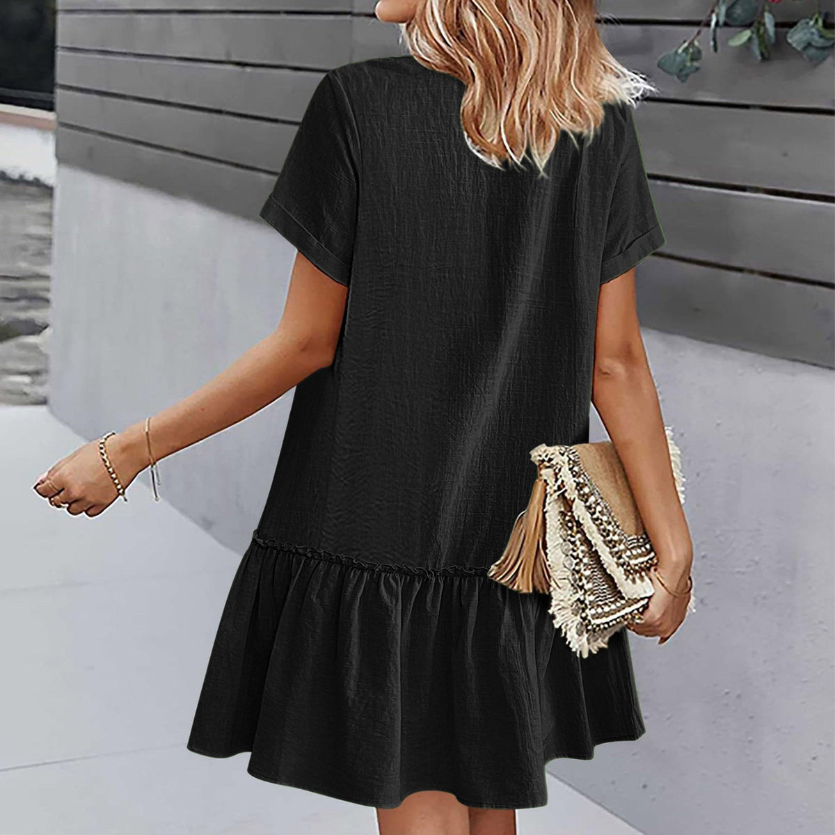 Vestido corto mujer algodón lino con botones y volante verano
