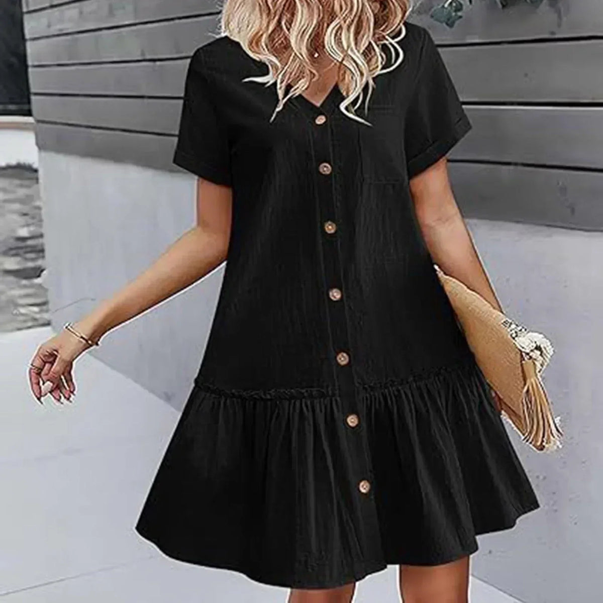 Vestido corto mujer algodón lino con botones y volante verano