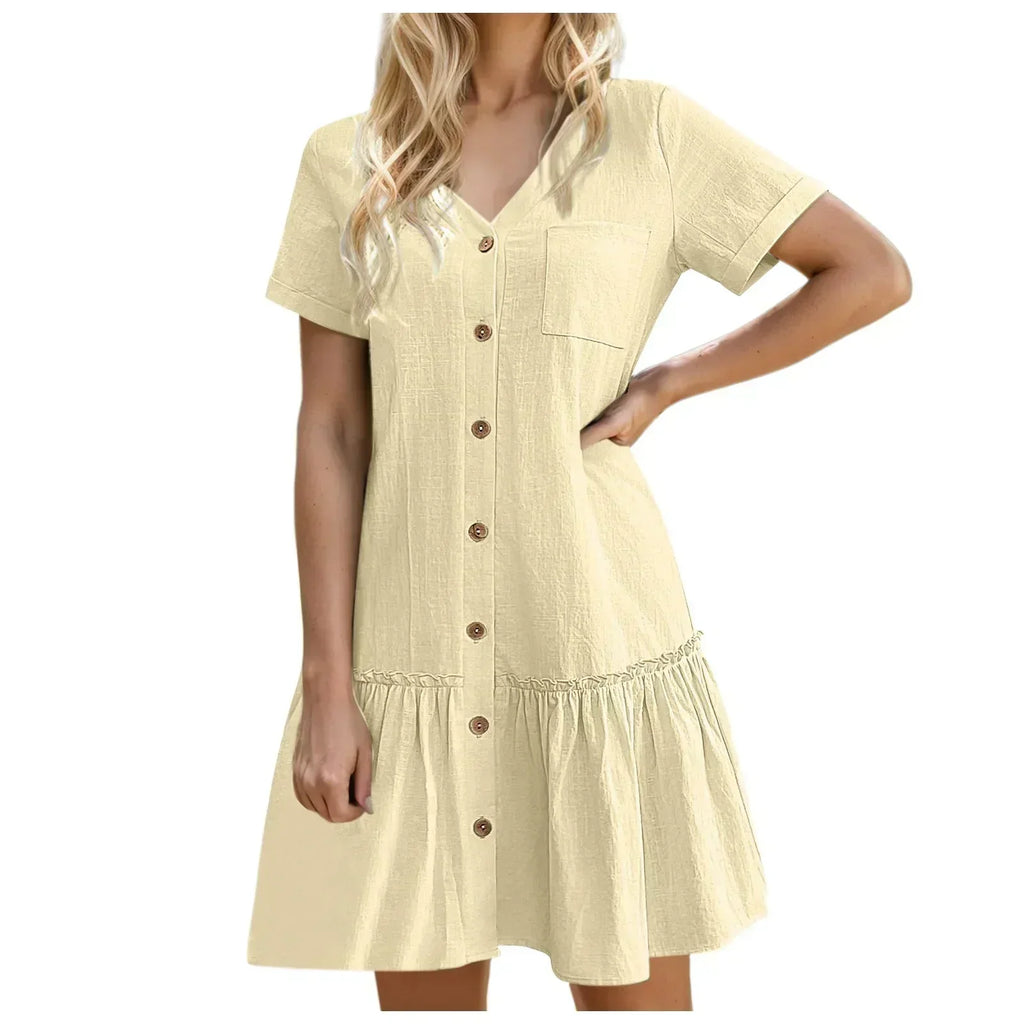Vestido corto mujer algodón lino con botones y volante verano