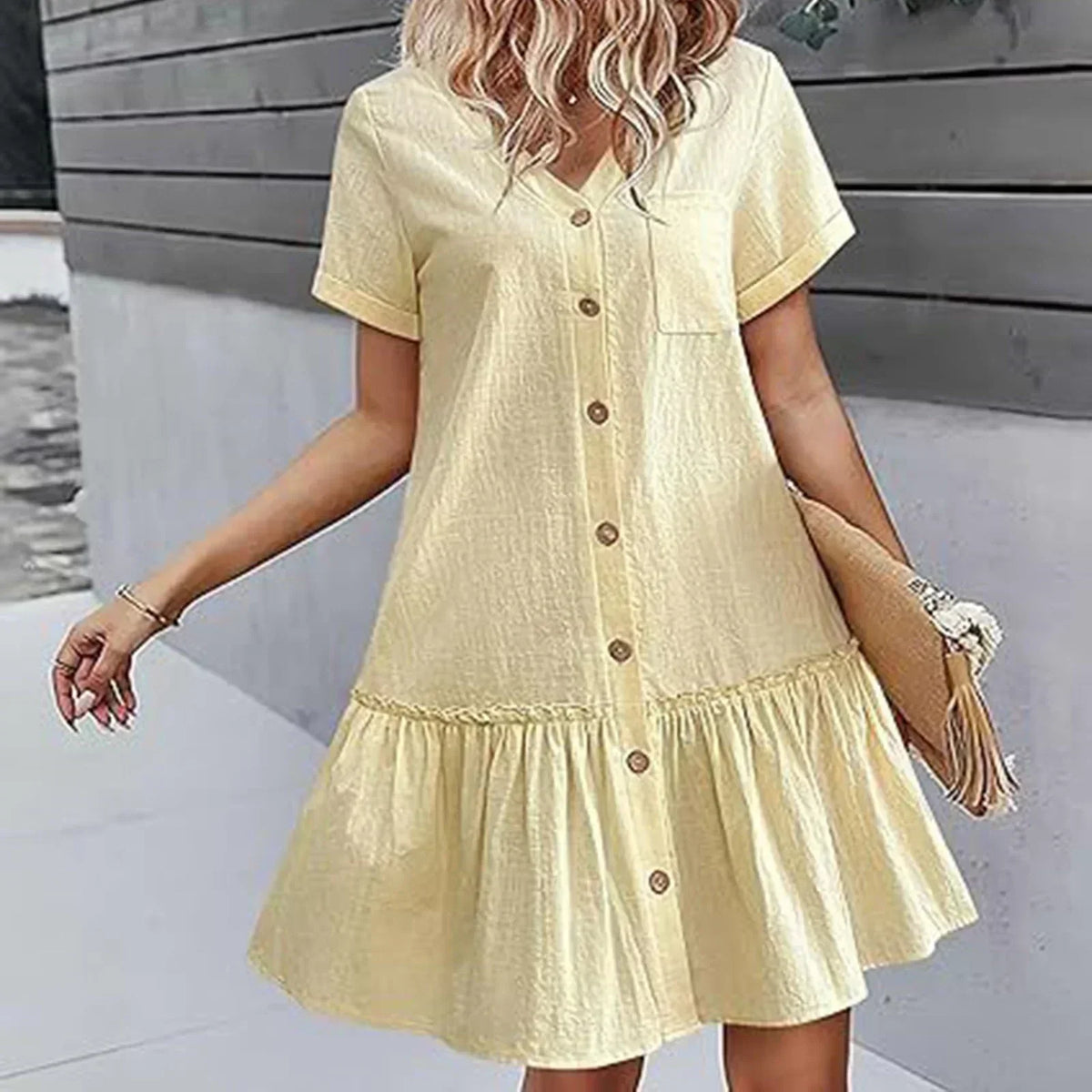 Vestido corto mujer algodón lino con botones y volante verano