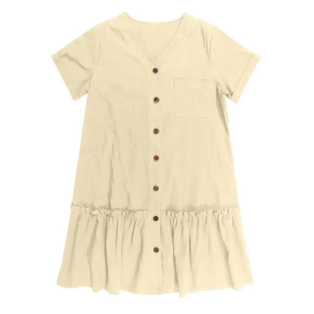 Vestido corto mujer algodón lino con botones y volante verano