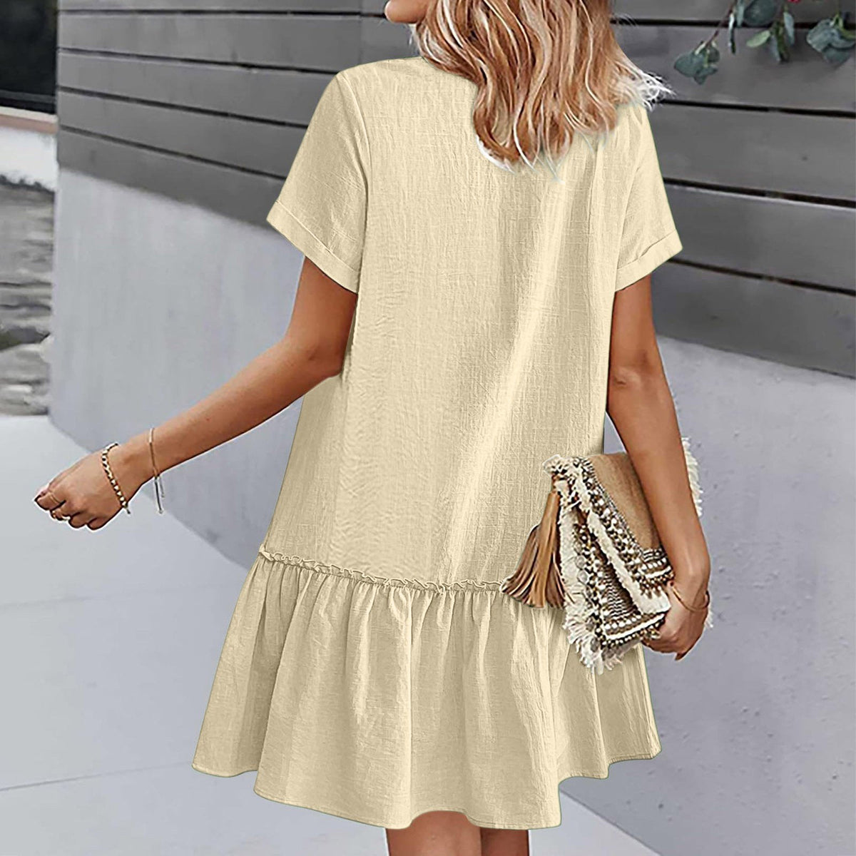 Vestido corto mujer algodón lino con botones y volante verano